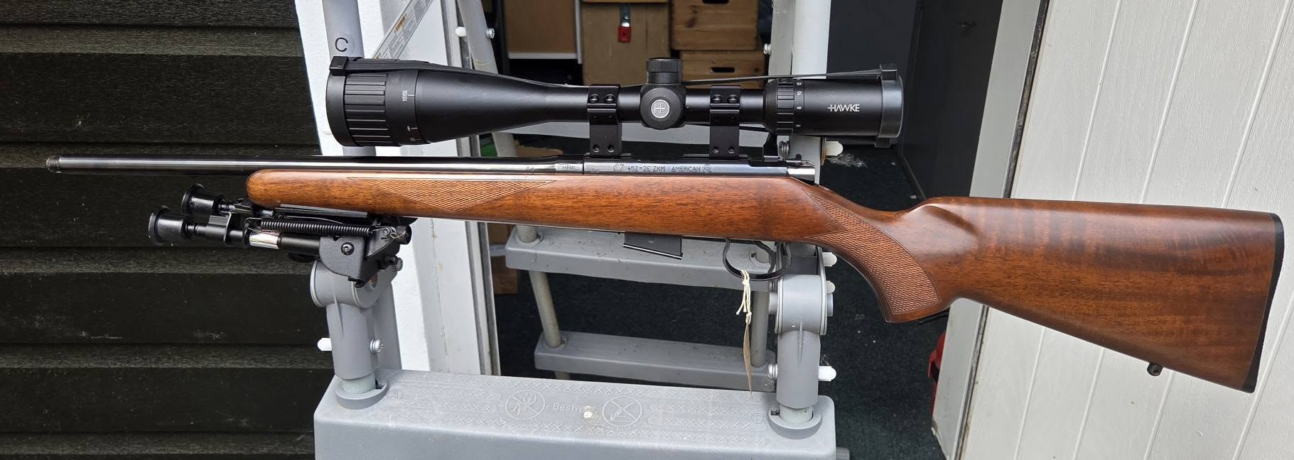 Full side profile of the CZ American with Hawke scope and bipod